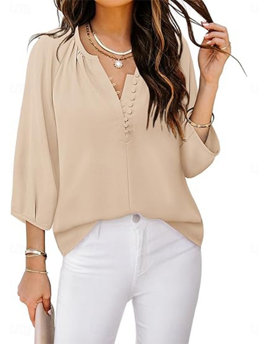 Pentru femei Cămașă Bluză Culoare solidă Afacere Modern Casual Lungime Manșon 3/4 În V Topuri obișnuite Muncă Îmbrăcăminte formală Nasturi Mov Bej Vară Primăvară 2025 - $27.99 –P3