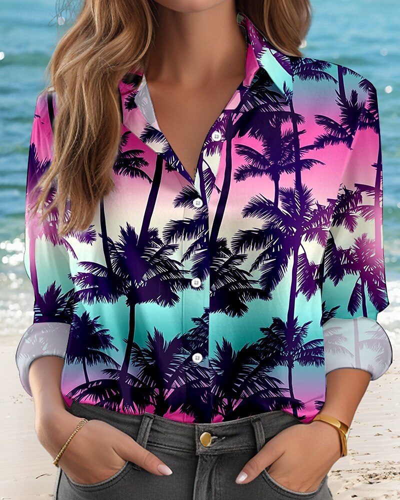 Women's Shirt Hawaiian Casual Ombre Regular Tops Long Sleeve Shirt Collar Buttons Print Regular Fit Work Daily Purple Summer Holiday Clothes Beach Wear 2025 - $32.99 –P3