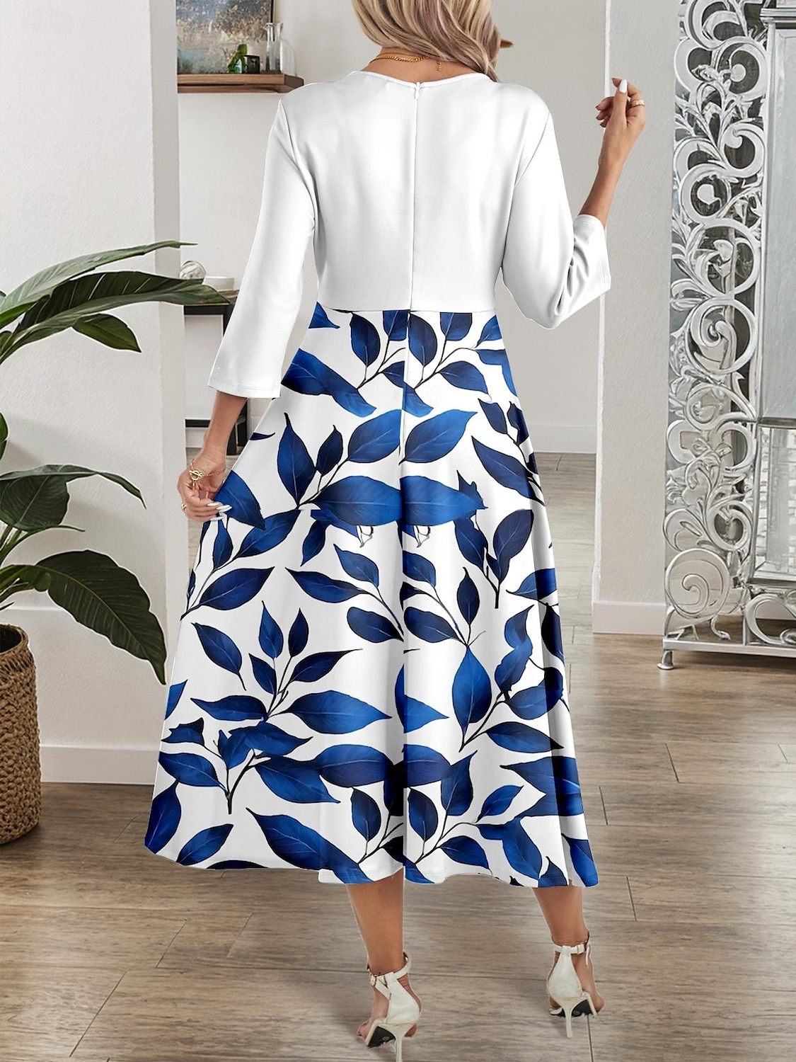 Women's Midi Dress A Line Dress Casual Dress Semi Formal Dress Casual Formal Party Work Regular Fit Leaf 3/4 Length Sleeve V Neck Navy Blue Summer Spring Fall 2025 - $36.99 –P2