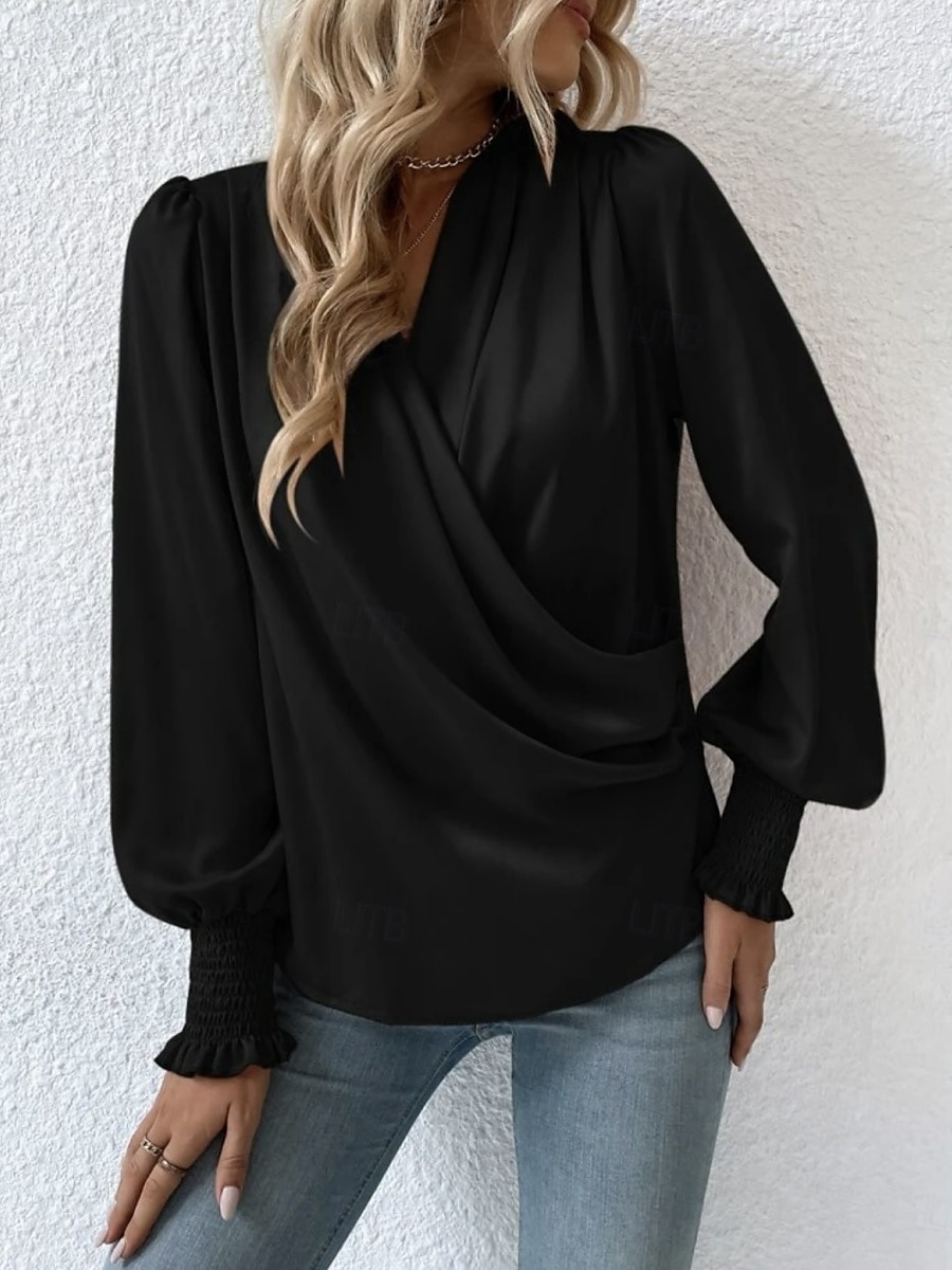 Dames Overhemd Blouse Effen Kleur Zakelijk Modern Casual Lange mouw V-hals Normale tops Werk Formele kleding Met ruches Zwart Blozend Roze Zomer Lente 2025 - $29.99 –P8