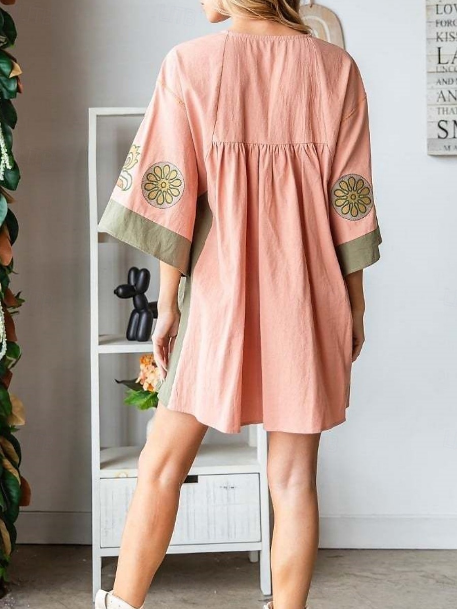 Damskie Sukienka mini Codzienne sukienki Sukienka Boho Bohema Zabytkowe Codzienny Urlop Codzienny Regularny Kwiaty Rękaw 3/4 W serek Fuksja Pomarańczowy Zielony Wiosna Jesień 2025 - $41.99 –P5