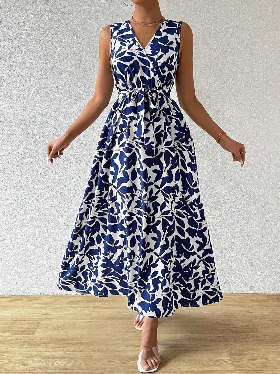 vestido longo feminino floral com decote em v sem mangas verão primavera de 2025 por $38.99 –P1