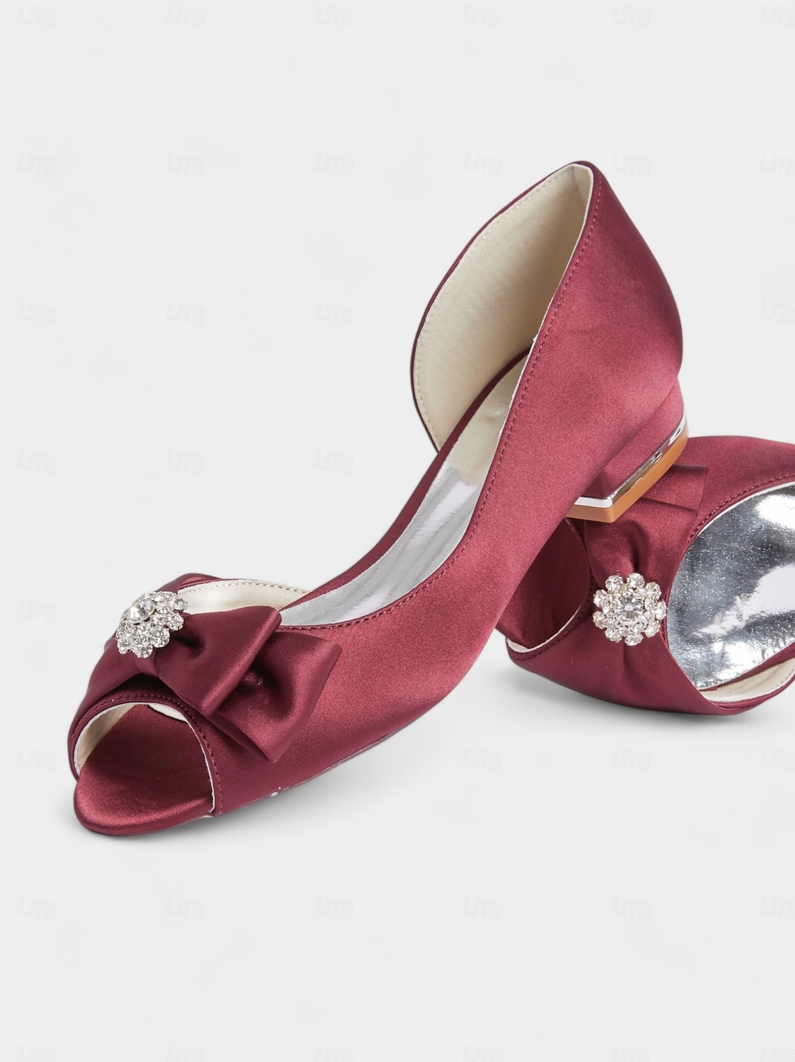 ballerines à bout ouvert en satin bordeaux pour femmes avec nœud et ornements en strass – chaussures de mariage élégantes pour les occasions nuptiales et formelles de 2025 ? $59.99 –P4