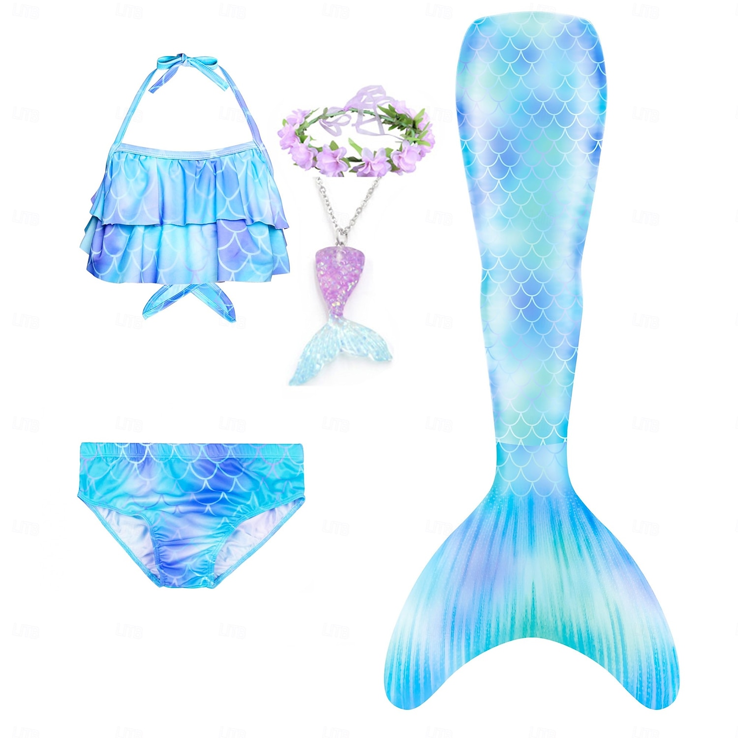 Kinderen Voor meisjes Vijf stuk Zeemeermin zwemkleding Badmode Bikini Strand Zwemmen Regenboog Tie Dye leuke Style Badpakken 3-10 jaar Zomer Licht Blauw Kleurrijk 2025 - $30.99 –P4