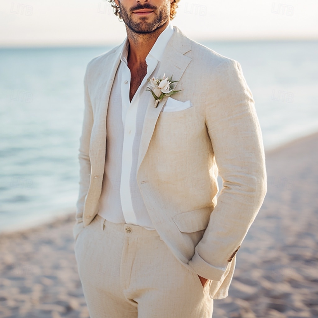Trajes de boda de playa para hombres Lino Beige Sumo de honor Verano Ligero Casual Sólido Ajuste estándar 2 piezas Con un solo botón. 2025 - $116.99 –P2