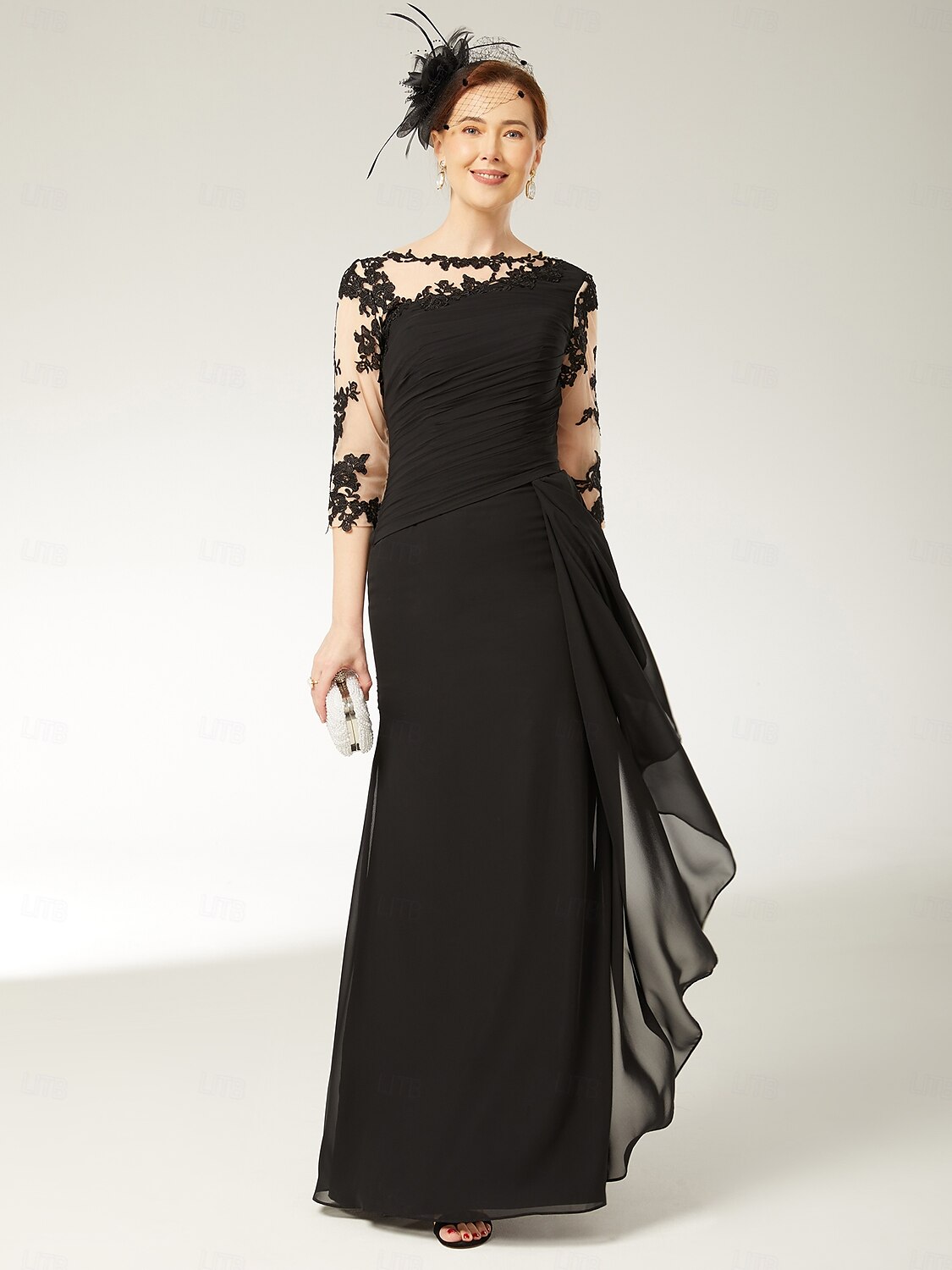 A-Linien-Kleid für die Mutter der Braut in Übergröße, U-Boot-Ausschnitt, bodenlang, Chiffon, Spitze, halbe Ärmel mit drapierten Applikationen, 2025 2025 - $152.99 –P1