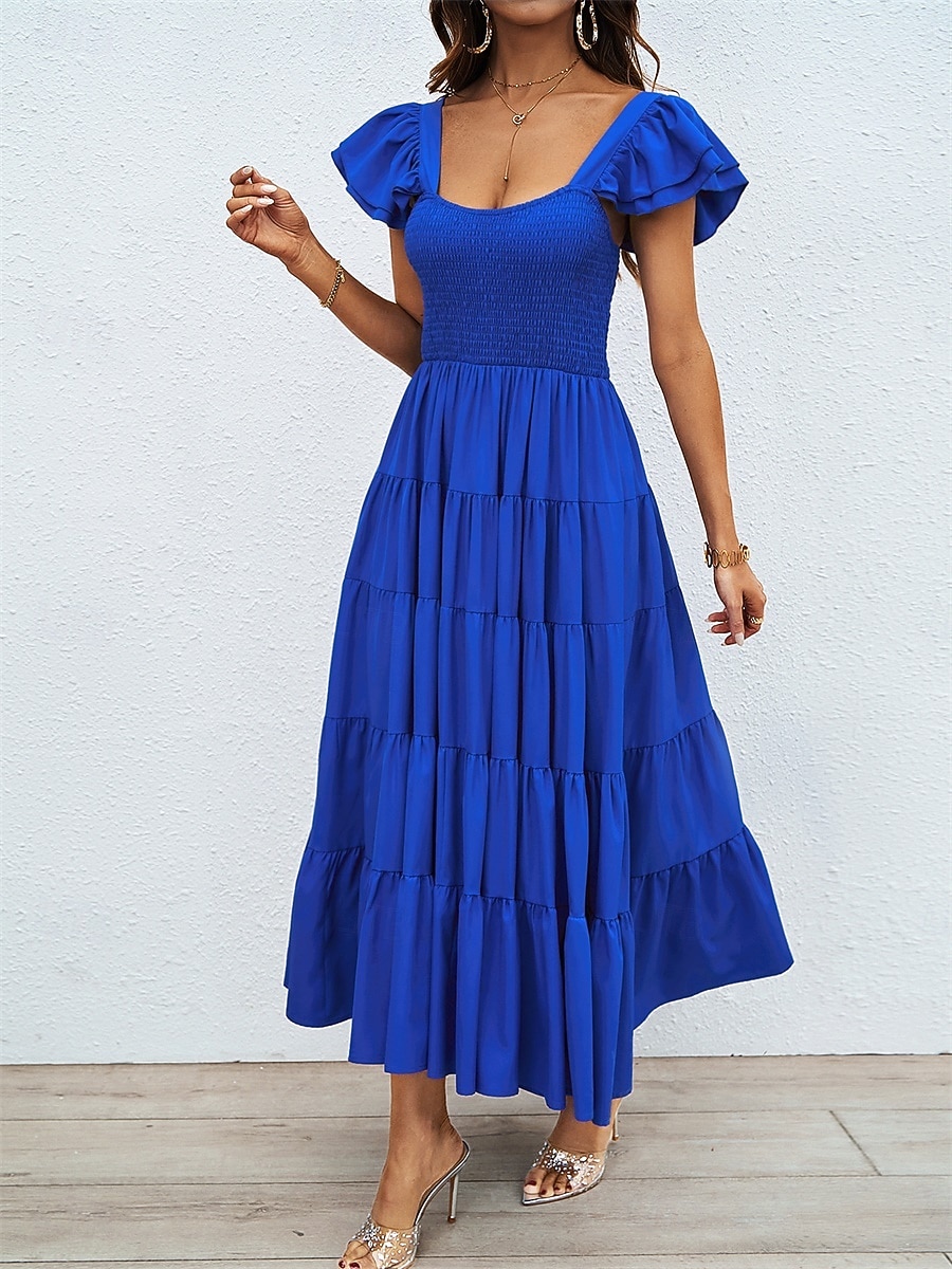 فستان نسائي متوسط الطول برقبة مربعة وأكمام قصيرة للصيف والربيع 2025 - $52.99 –P4