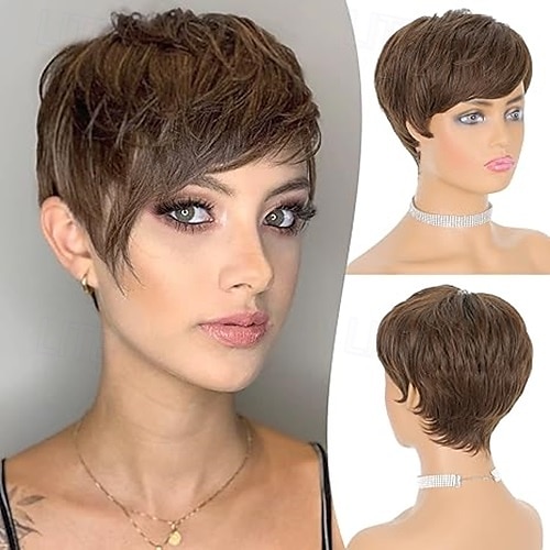 pixie cut perucas sintéticas curtas pixie corte de cabelo peruca com franja peruca em camadas sem cola perucas onduladas para mulheres de 2025 por $18.49 –P5