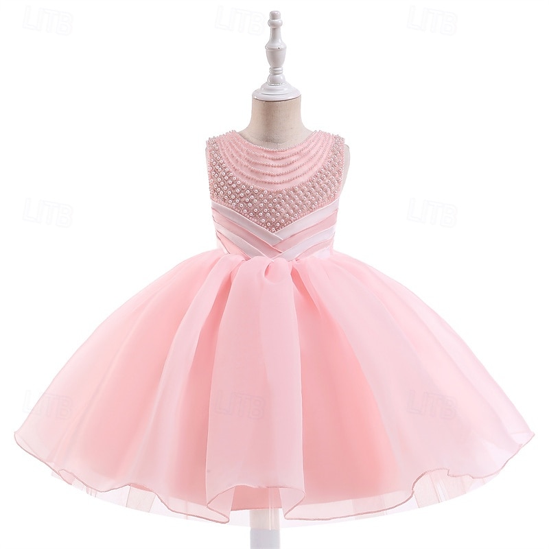 Robe de Demoiselle d'Honneur Fille enfants Fille Robe de princesse Utilisation Mariage Soirée Elégant Magnifique Maille Couleur unie Sans Manches Col Ras du Cou Blanche Champagne 4 ans et + de 2025 ? $38.99 –P15