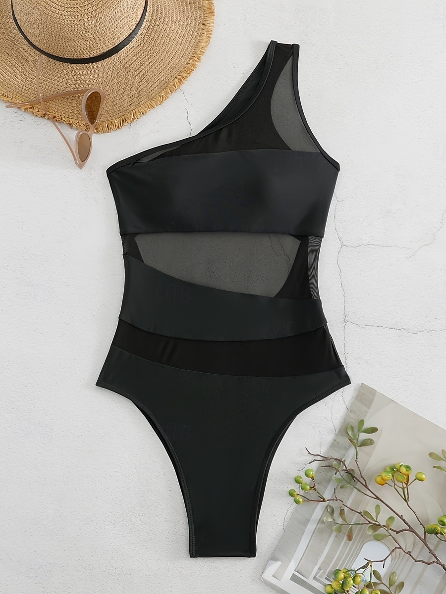 Dam Badkläder En bit Monokini Baddräkt Nät Öppen rygg Magkontroll Hög midja Smal Semester Standkläder Ensfärgat Asymmetrisk hals Ärmlös Baddräkter 2025 - $27.99 –P4