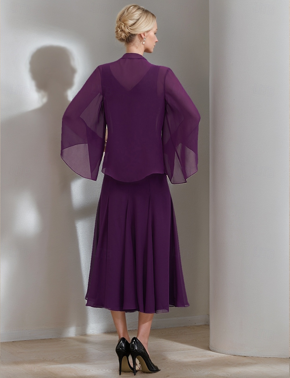 Zweiteiliges A-Linien Kleid Anzug Brautmutterkleid Elegantes Vintage Funkeln  Strahlen V-Ausschnitt Teelanges Chiffon 3/4-Länge Ärmel mit Falten Pailletten 2025 - $215.99 –P2