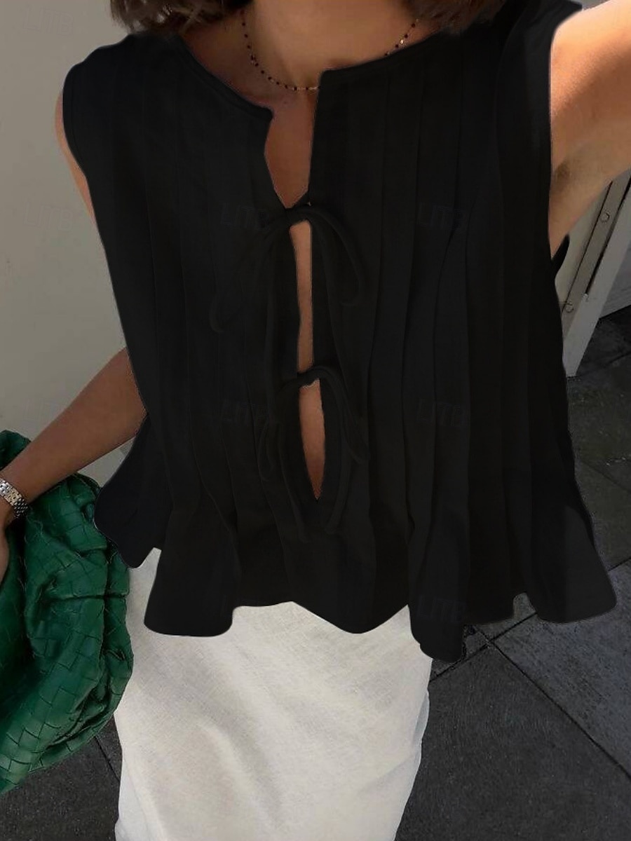 Per donna Abbottonare Camicia in cotone e lino Tinta unica Essenziale Casual Senza Maniche Girocollo Top Regolari Quotidiano Volant Nero Bianco Rosso Estate Primavera del 2025 a $34.99 –P10