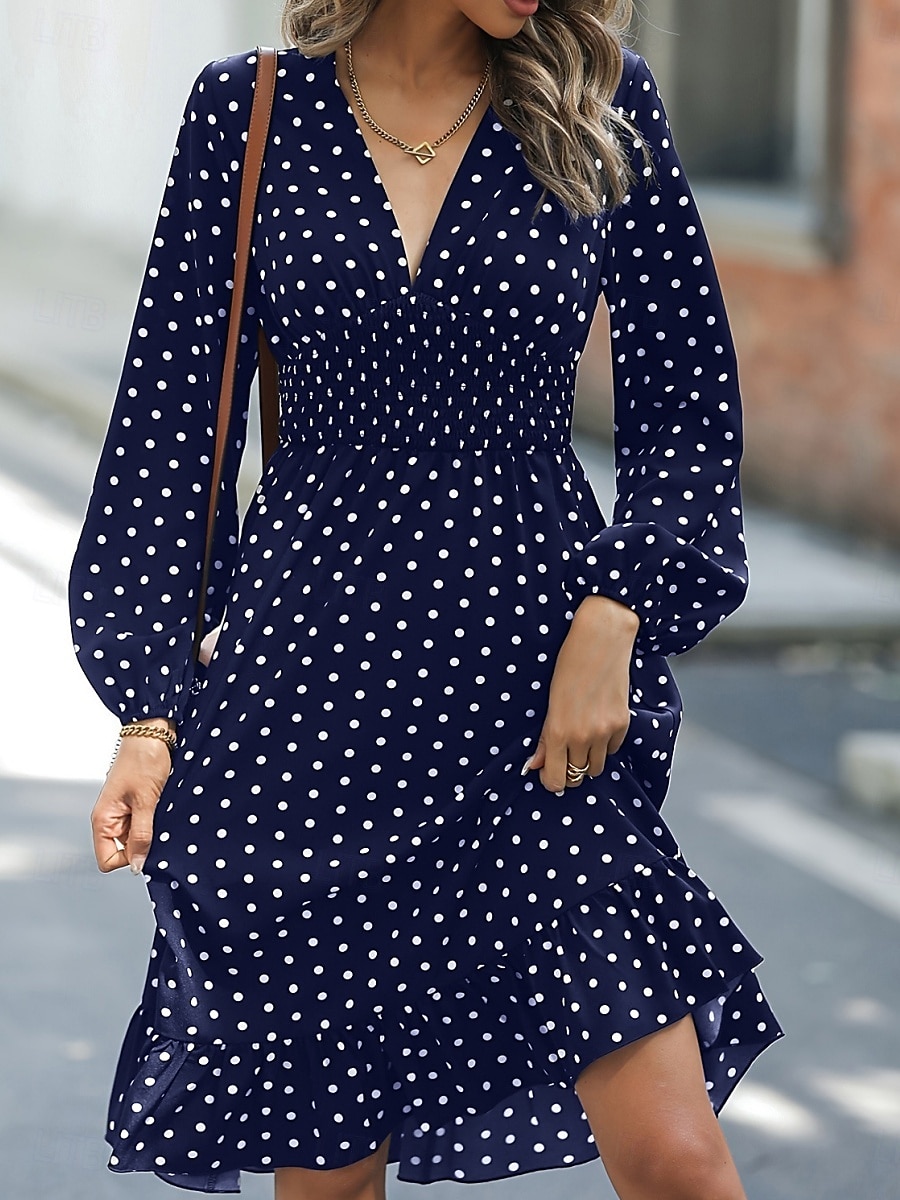 Women's Mini Dress Casual Dress A Line Dress Stylish Casual Vacation Daily Regular Fit Polka Dot Long Sleeve V Neck Navy Blue Green Spring Fall 2025 - $38.99 –P2