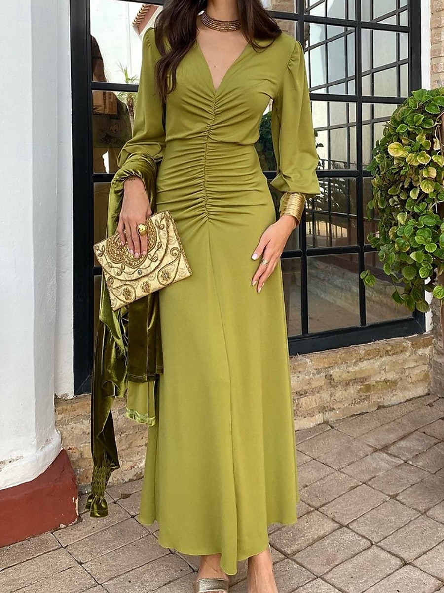 Dámské Maxi šaty Bodycon Smaragdově zelené šaty Elegantní Svatební host Rande Běžný Bez vzoru Dlouhý rukáv Do V Trávová zelená Léto Jaro 2025 - $26.99 –P5