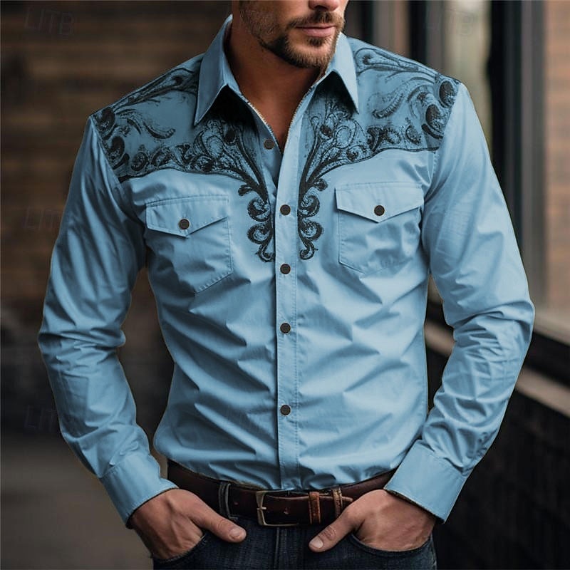 Men's Floral Western Shirt Printed Shirts Long Sleeve Vintage Western Style Daily Wear Going out Weekend Spring & Summer Turndown Pocket Print Button-Down Blue Light Blue White Pink Green 2026 - $31.99 –P5