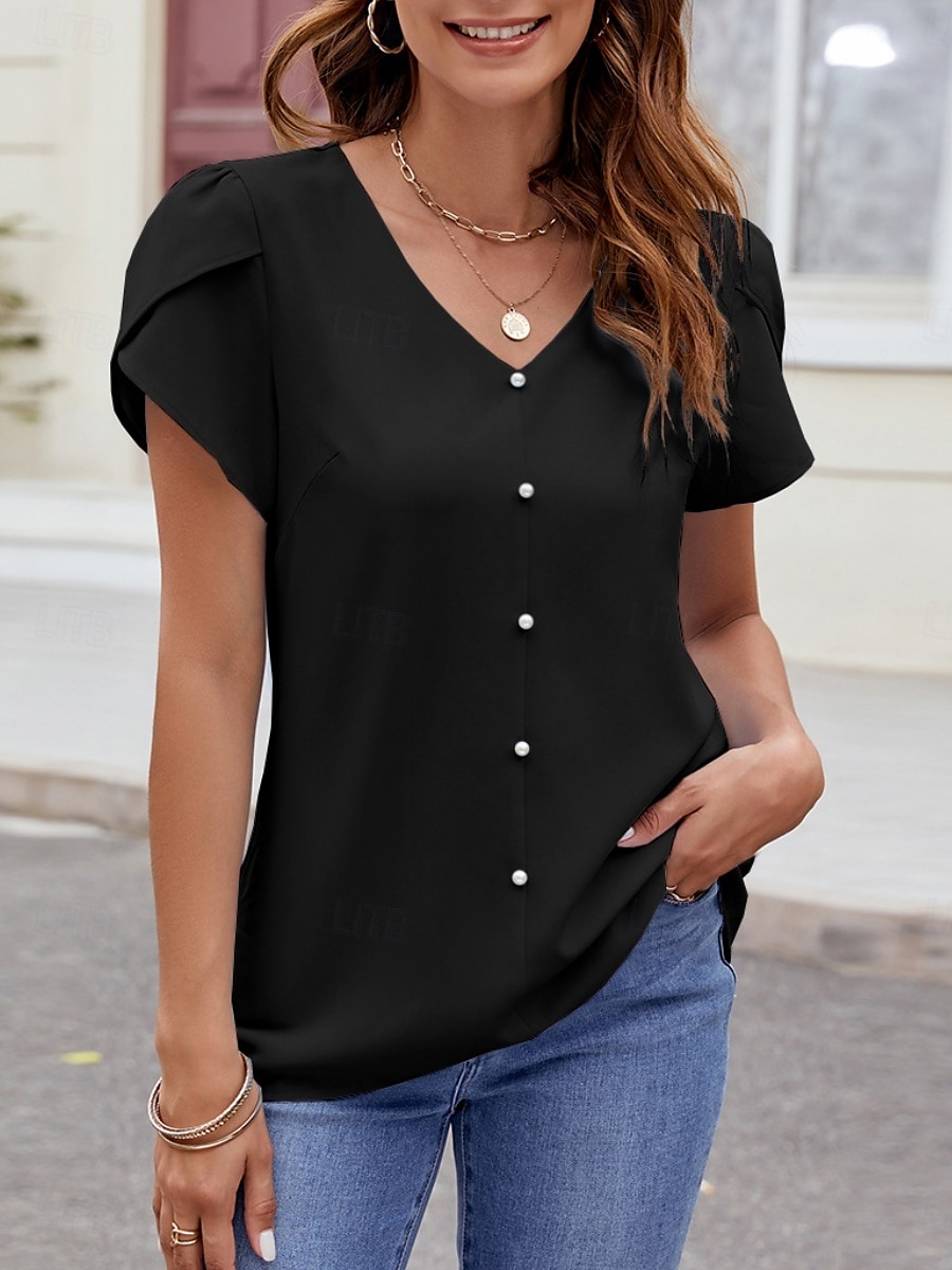 Dame Skjorte Bluse Helfarge Grunnleggende Fritid Kortermet V-hals Vanlige topper Daglig Perler Svart Himmelblå Fuksia Sommer Vår 2025 - $23.99 –P9