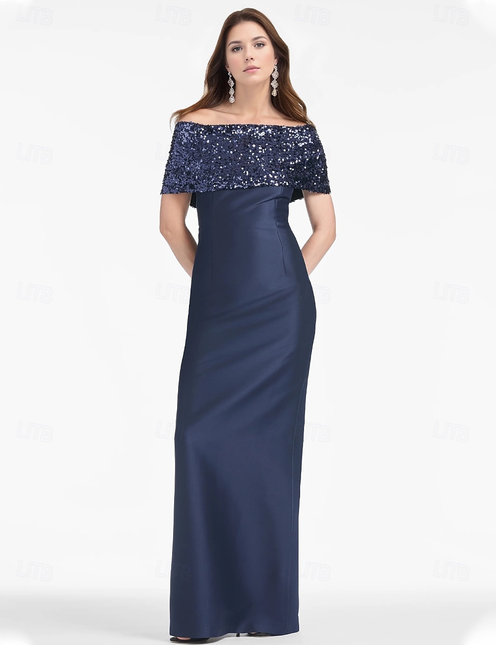 Robe de Soirée Fourreau  Colonne Élégante Robe de Mariage Formelle Longueur de Sol Manches Courtes Hors Épaule Satin avec Paillettes Fente de 2025 ? $131.99 –P4
