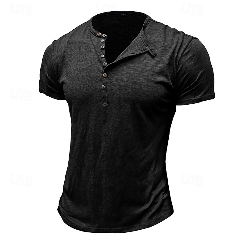 100%Cotton Men's T Shirt Henley Shirt Tee Short Sleeve Shirt Tee Top Plain Vintage Designer Basic Button Up Henley Vacation Street Casual Daily Spring Summer Black White Light Green Henley T-Shirt 2025 - $20.99 –P10