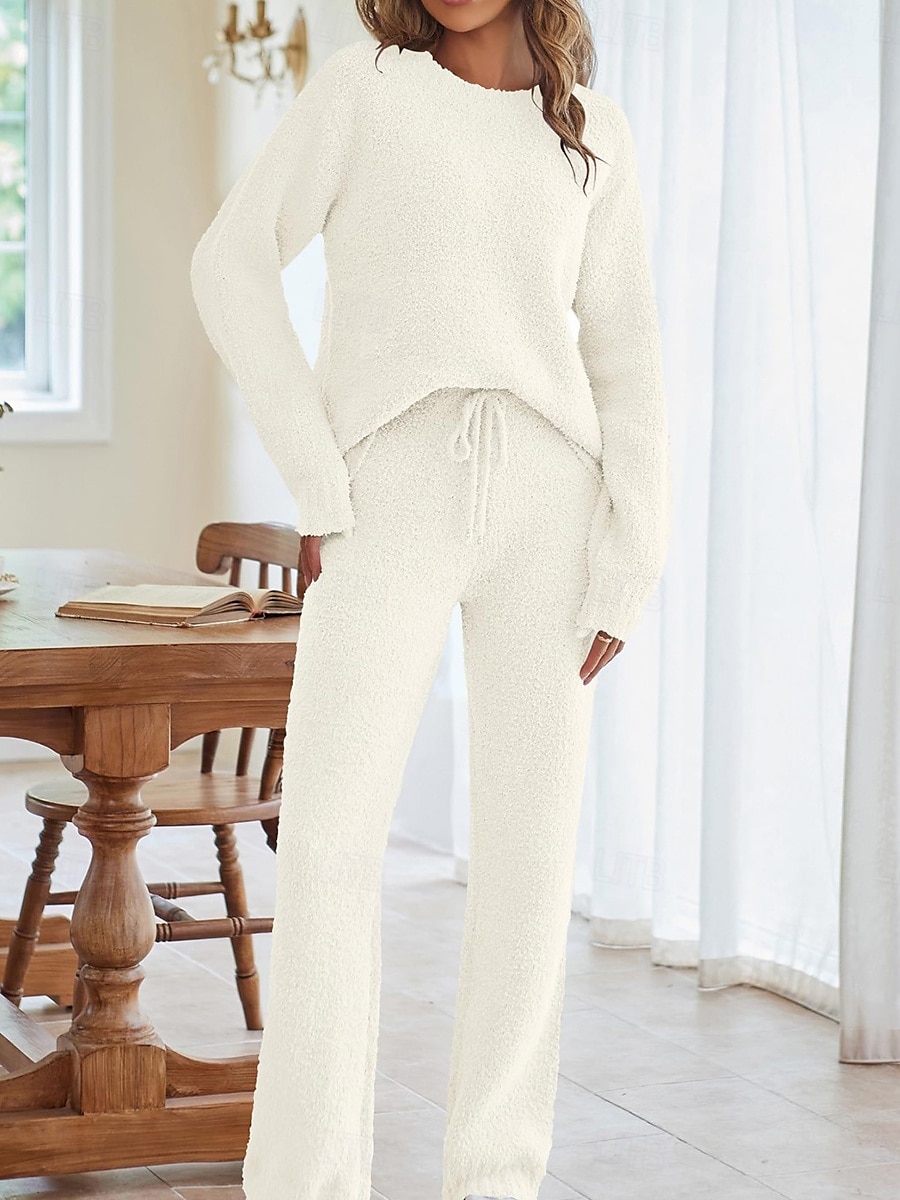 Női Pizsama Meleg Alkalmi Kényelmes Tiszta szín Rugalmas derék Pullover Nadrág Otthon Napi Hosszú ujj Terített nyak Arcpír rózsaszín Medence Bézs Ősz Tél 2025 - $61.99 –P3