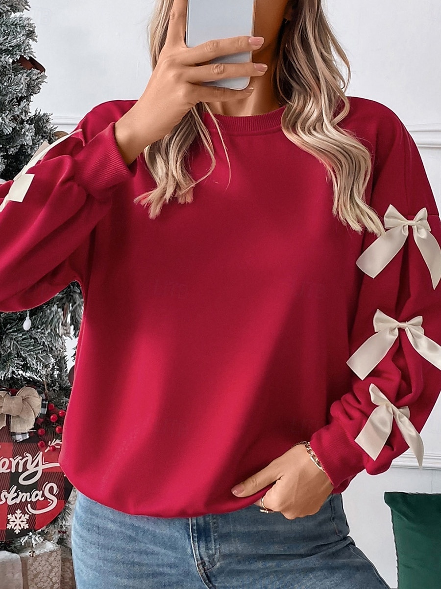 Women's Sweatshirt Casual Plain Street Dailywear Crew Neck Patchwork Long Sleeve Red Fall Winter 2025 - $37.99 –P5