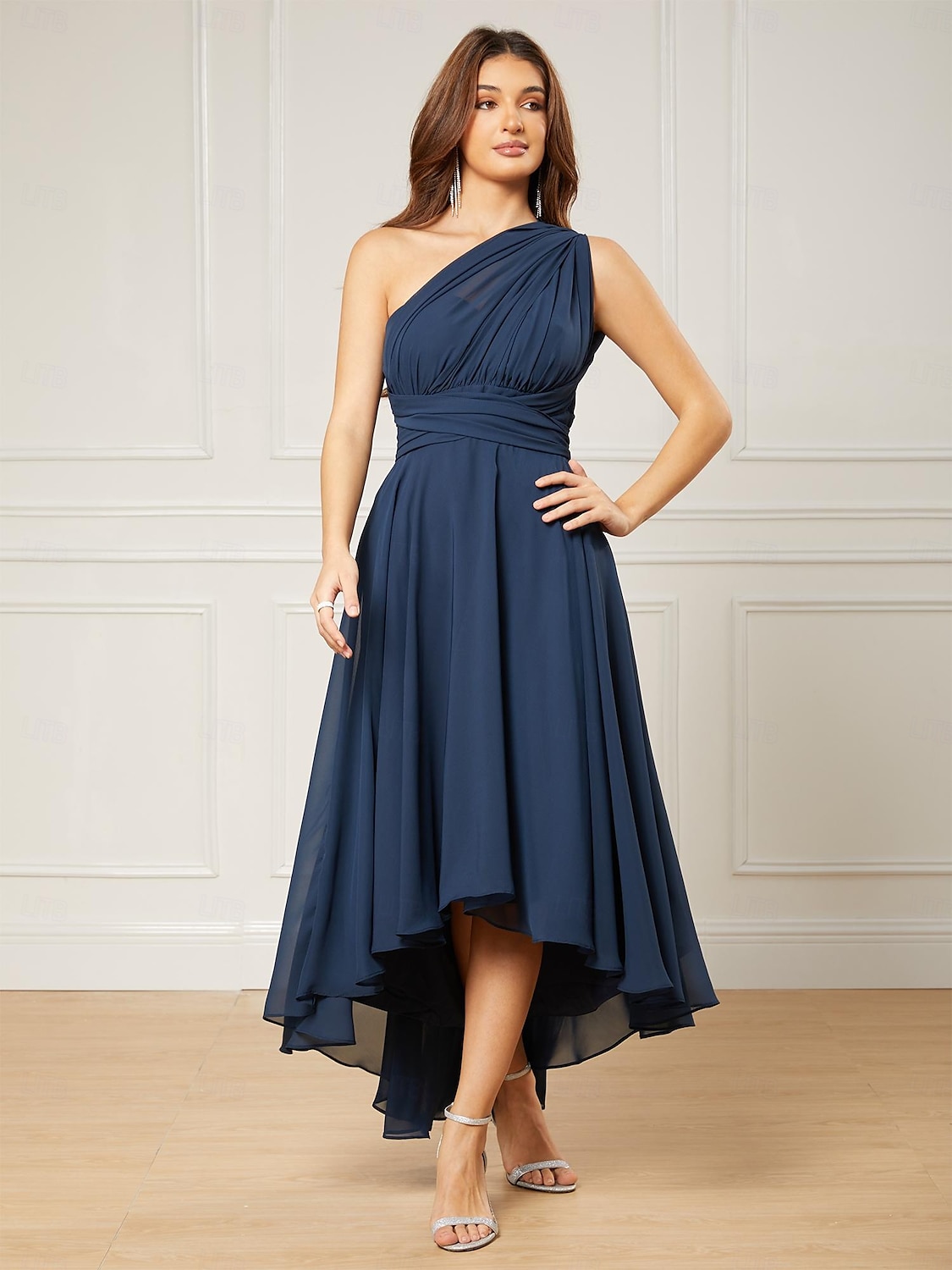 A-Line Wedding Guest Dresses Elegant Dress Formal Tea Length Sleeveless One Shoulder Fall Wedding Guest Chiffon with Ruched 2025 - $147.99 –P11