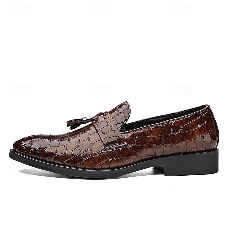 pánské hnědé mokasíny s krokodýlím vzorem z umělé kůže se střapkovým detailem - elegantní nazouváky na svatbu, obchodní i formální příležitosti 2025 - $46.99 –P7