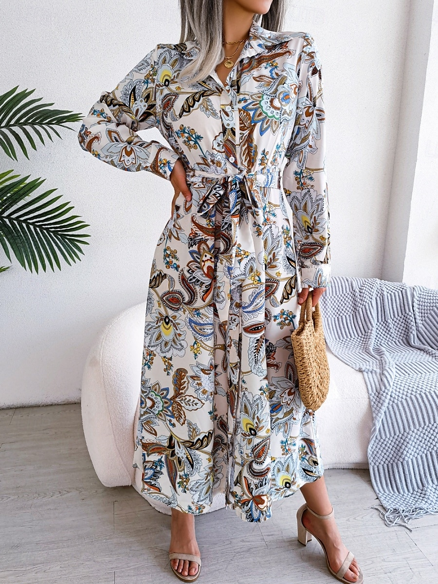 Naisten Maksimekko Rento mekko A linjainen mekko Boho-mekko Böömi Tyylikäs Vapaa-aika Loma Päivittäin Normaali Paisley-kuvio Pitkähihainen Paitapuserokaula-aukko Valkoinen Kuninkaallinen sininen 2025 - $41.99 –P10