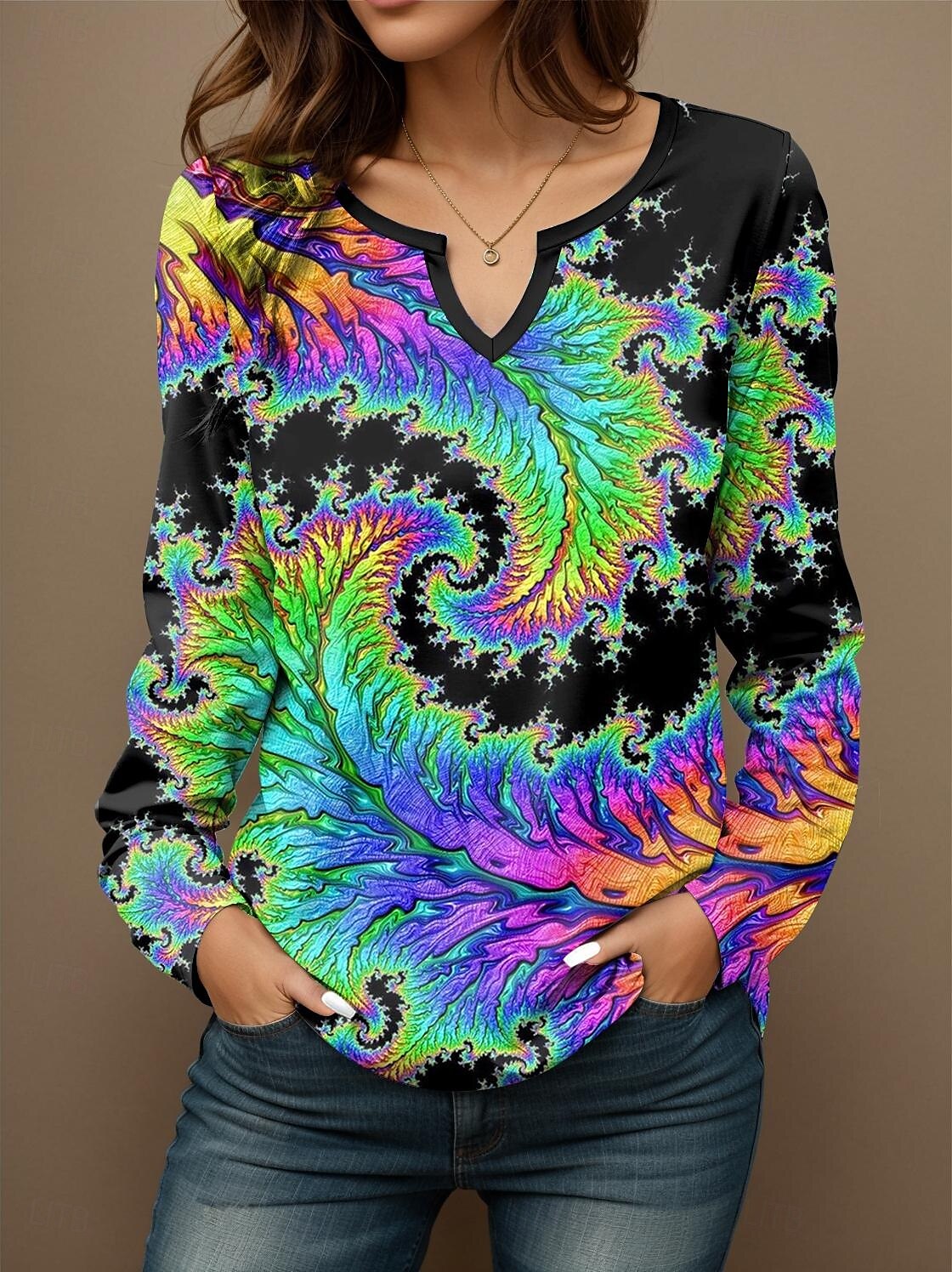 Mujer Camiseta Graphic Casual Manga Larga Cuello con muescas. Tops regulares Diario Estampado Azul Piscina Primavera Otoño 2025 - $27.99 –P2