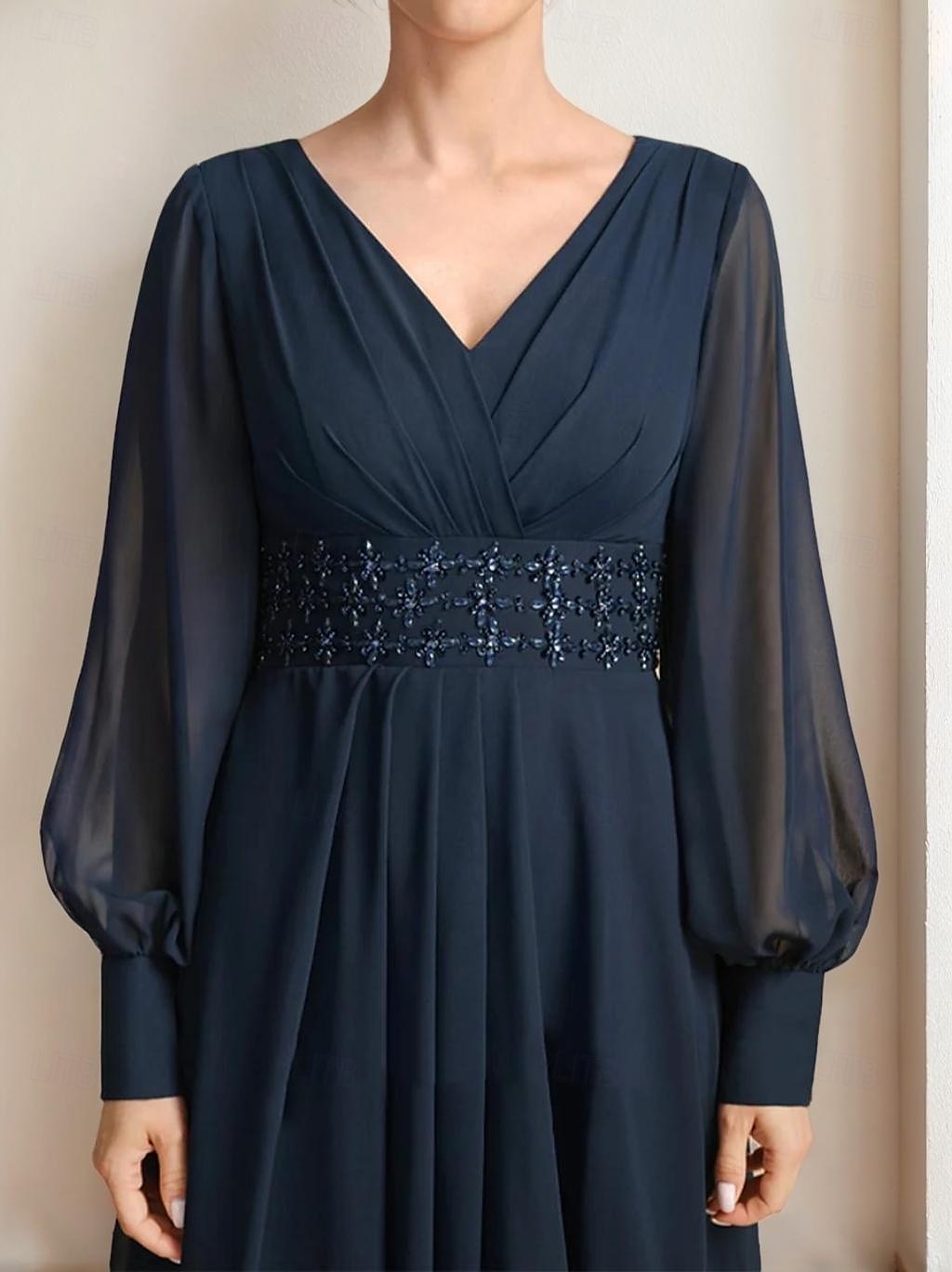 A-Linien Kleid Mutter der Braut Kleid Elegantes Party V-Ausschnitt Bodenlang Chiffon 3/4 Ärmel mit Perlen 2025 - $164.99 –P3