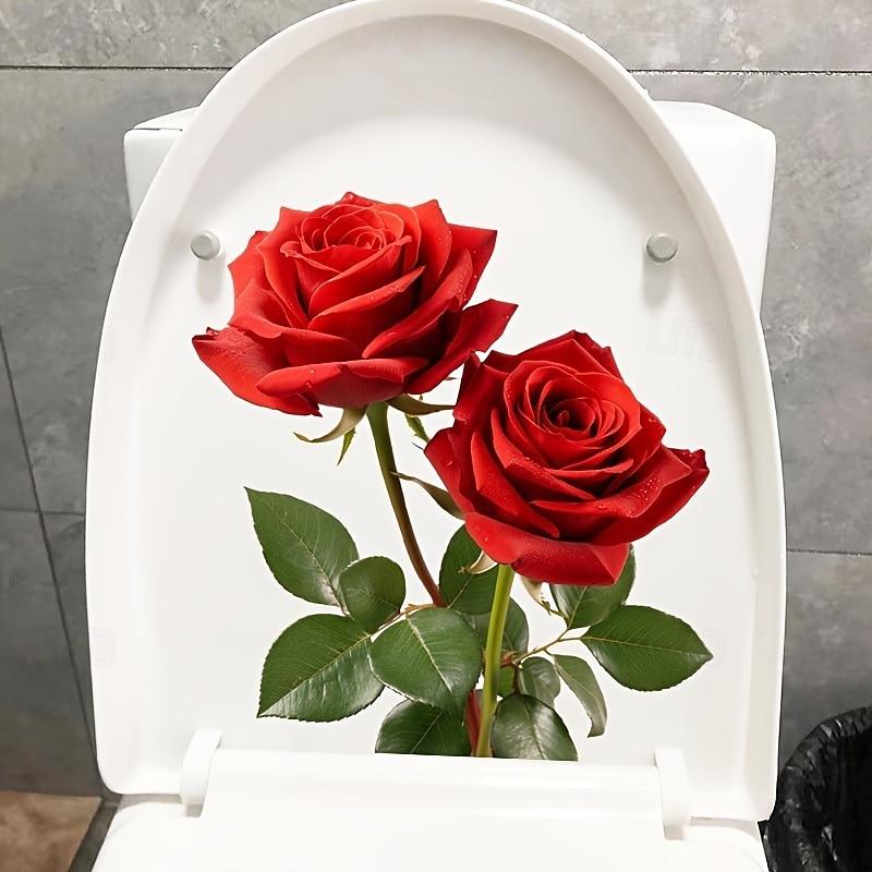rød rose romantisk toalettklistremerke, dekorativt klistremerke på badet toalettsete, dekorativt veggklistremerke på badet, baderomsdekorasjon, hjemmedekorasjon 2025 - $6.49 –P1