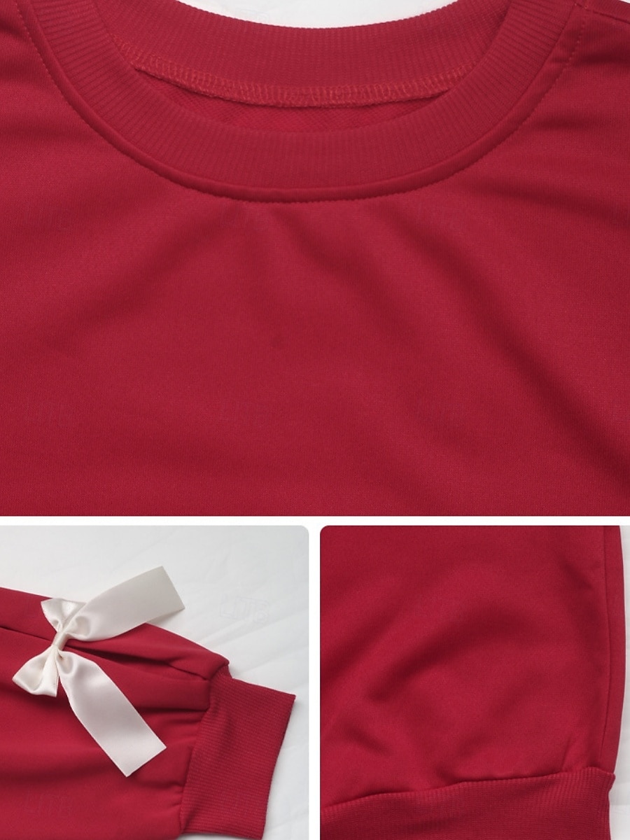 Women's Sweatshirt Casual Plain Street Dailywear Crew Neck Patchwork Long Sleeve Red Fall Winter 2025 - $37.99 –P3