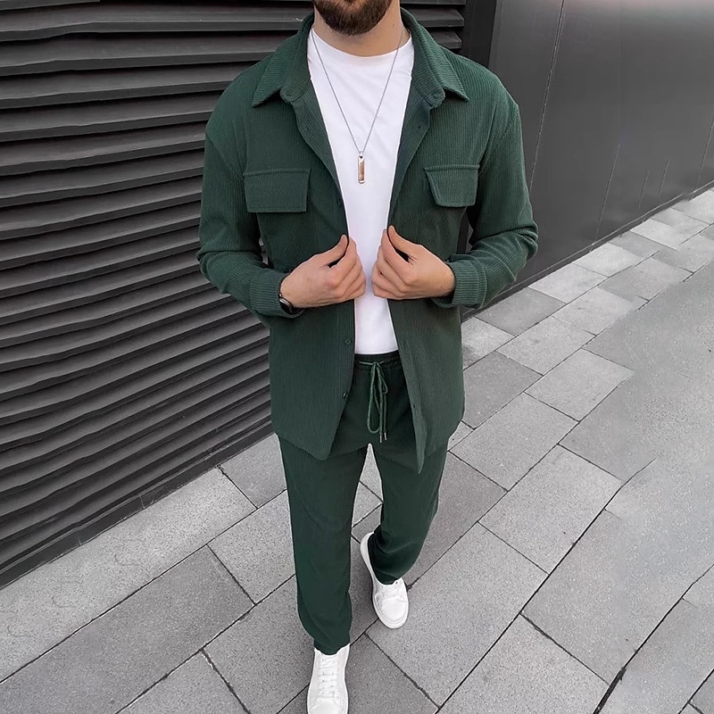 Per uomo 2 pezzi Completo di camicia Set abbinati Maglietta informale Camicia di velluto a coste Camicia con bottoni Nero Marrone Verde Kaki Grigio Manica lunga Liscio Colletto Strada Giornaliero del 2025 a $47.99 –P8