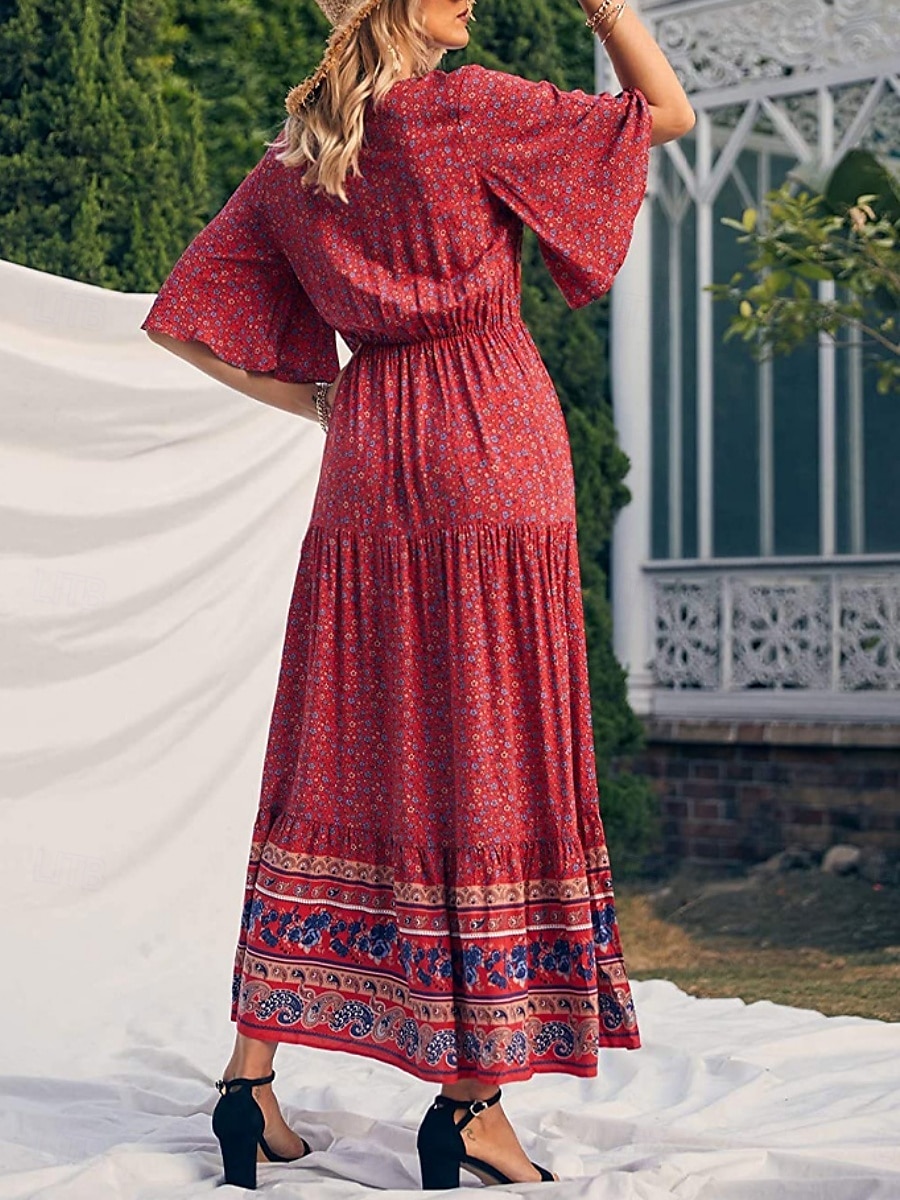 Dámské Maxi šaty Volnočasové šaty Swingové šaty Áčkové šaty Boho šaty Na běžné nošení Denní Běžný Květinový Poloviční rukáv Do V Žlutá Rubínově červená Vodní modrá Léto Jaro Podzim 2025 - $33.99 –P9