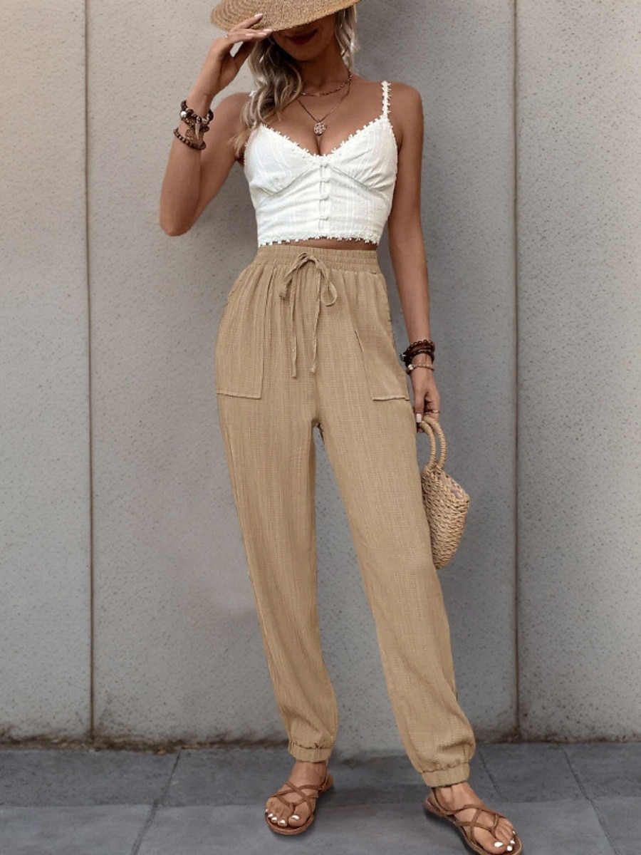 Women's Tapered pants Chinos Fashion Streetwear Full Length High Waist Plain Pocket Elastic Waistband Comfy Soft Comfortable Micro-elastic Outdoor Street Black Green Khaki Spring &  Fall Regular Fit 2026 - $26.99 –P6