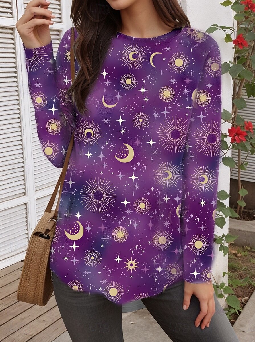 Per donna Maglietta Grafico Casual Manica Lunga Girocollo Top lunghi Quotidiano Stampato Viola Autunno Inverno del 2025 a $24.99 –P1
