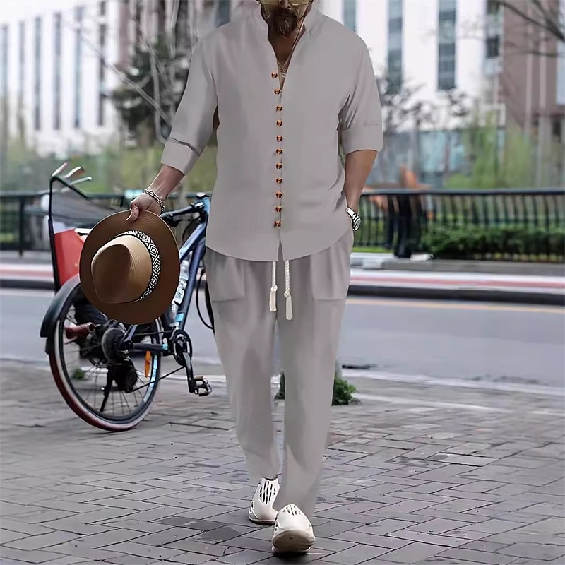 Per uomo 2 pezzi Completo di camicia Set abbinati Maglietta informale Camicia con bottoni Bianco Rosa Kaki Grigio Manica lunga Liscio A fascia Da mare Strada Abbigliamento Di tendenza Informale del 2025 a $39.99 –P1