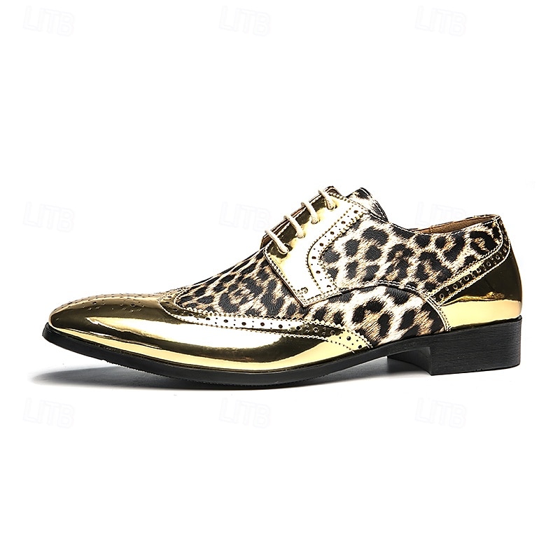 scarpe oxford da uomo con stampa leopardata dorata – design audace in vernice con dettagli brogue per feste e spettacoli teatrali del 2025 a $54.99 –P4