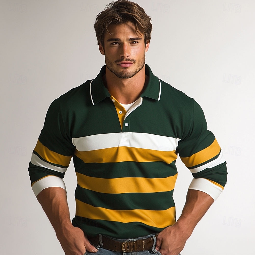 Miesten Raita Rugby Polo Cable Knit Polo Pitkähihainen Poolopaidat Kauluspaidat Vapaa-aika ulko- Urheilu- ja treenivaatteet 3D-tulostus Kevät Syksy Apila 2026 - $29.99 –P2