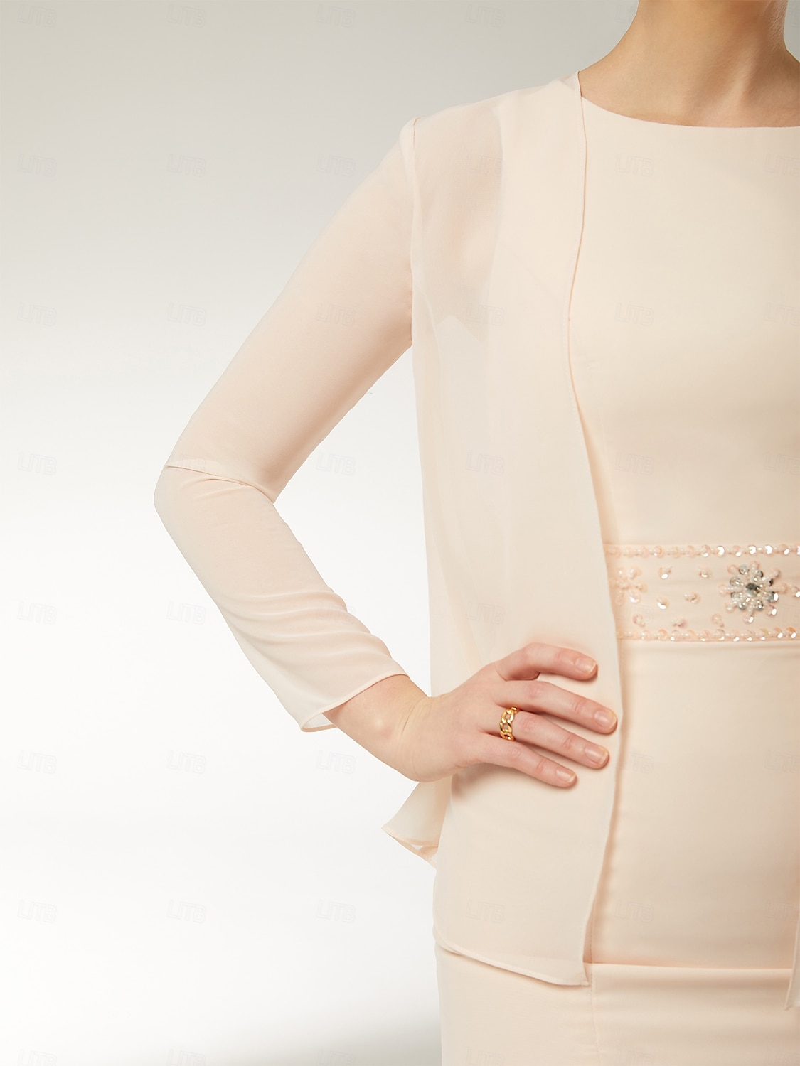 abito da madre della sposa in due pezzi, elegante, con scollo a V, lunghezza tè, in chiffon, senza maniche, con fascia/nastro, pieghe, perline, taglie forti 2025 del 2025 a $163.99 –P7