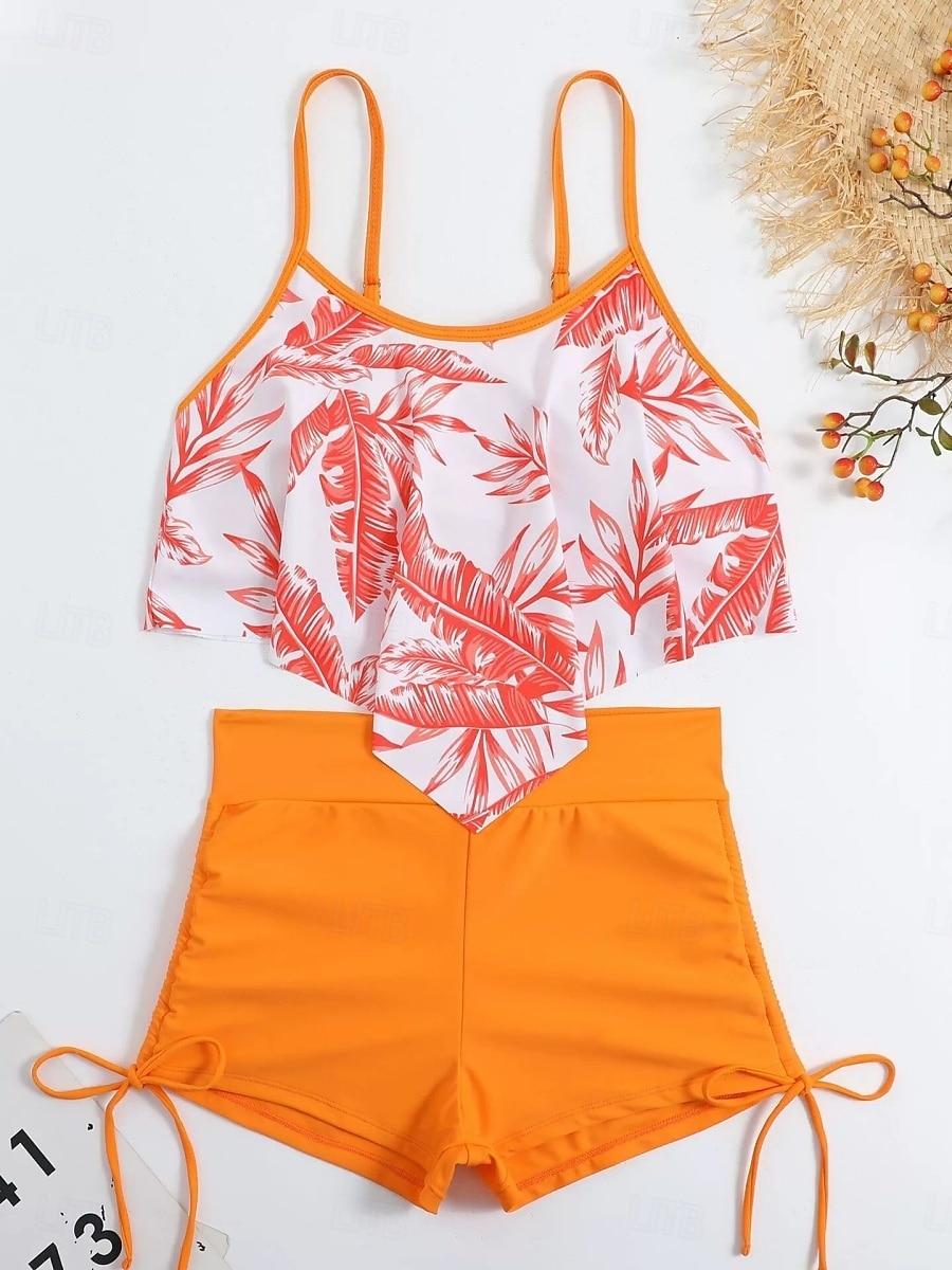 Dam Badkläder Tankini 2 st Pojkeben Baddräkt Öppen rygg Hög midja Semester Standkläder Löv V-hals Ärmlös Baddräkter 2025 - $29.99 –P2