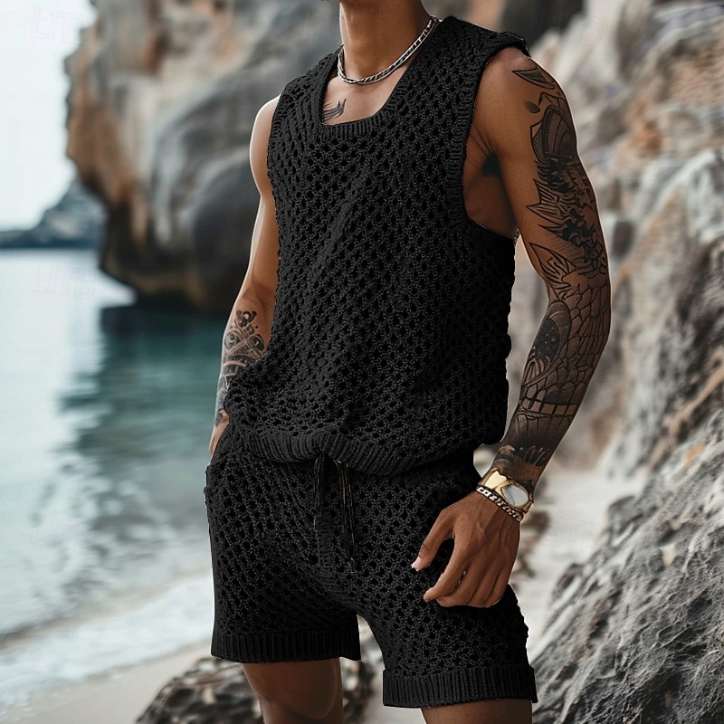 Men's T-shirt Suits 2 Piece Summer Tracksuit Set Casual Sleeveless Suit Crew Neck Summer Knitwear Bohemia Vacation Knitted Vacation Black Brown Beige Top Tee for Men 2025 - $37.99 –P8