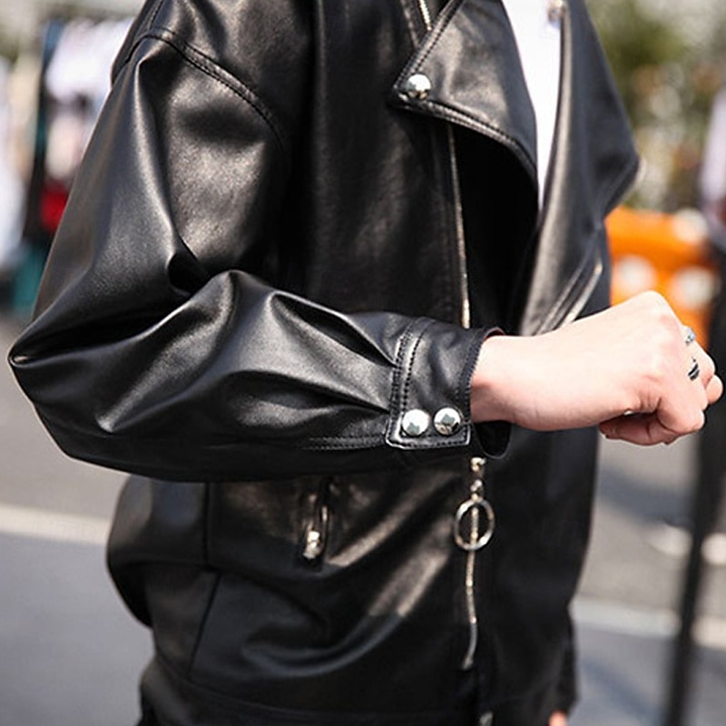 Men's Faux Leather Jacket Transition Jacket Biker Jacket Motorcycle Jacket Vacation Daily Windproof Warm Pocket Fall & Winter Plain Fashion Classic Lapel Regular Black Jacket 2026 - $54.99 –P7