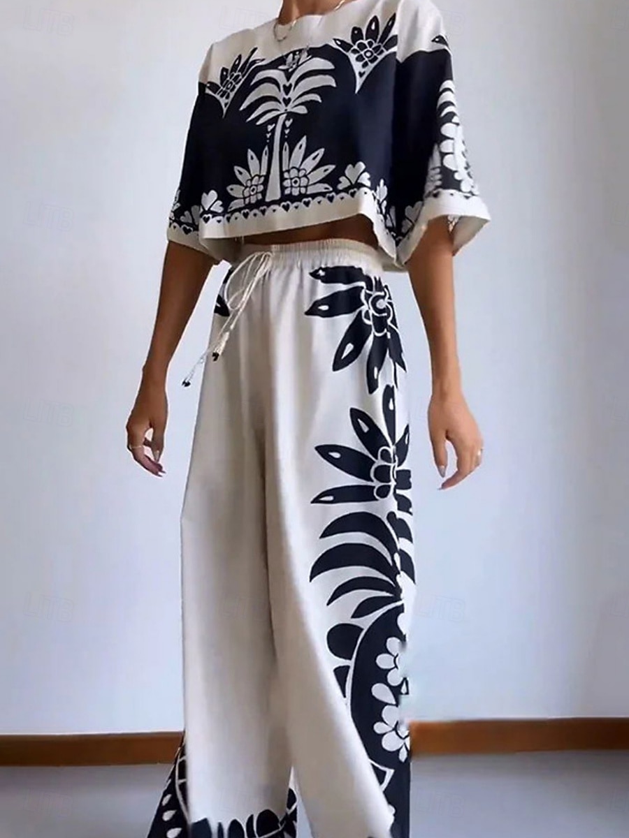 Women's Blouse Wide Leg Pants 3/4 Length Sleeve Crew Neck Floral Drawstring Fashion Streetwear Daily Casual Daily White Spring &  Fall Regular Fit 2026 - $47.99 –P2