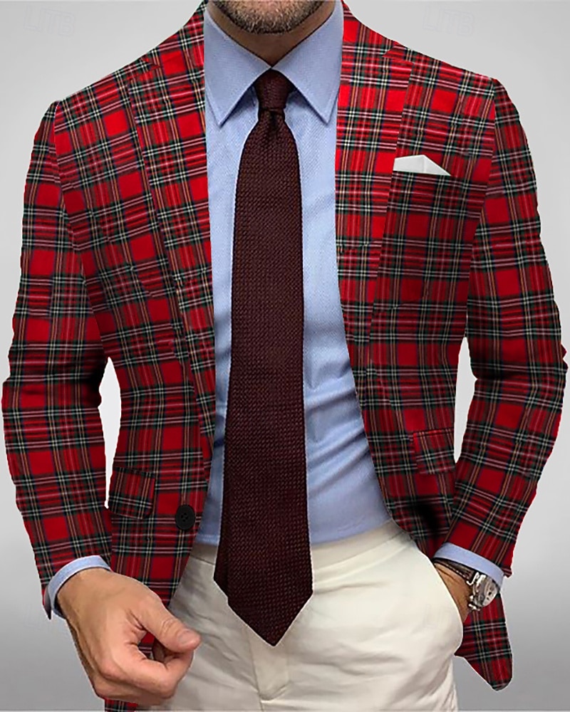 Homens Jaqueta Blazer Casaco esportivo Colar de entalhe Moda Xadrez Blazer Vermelho Padrão Comum 1 Butão de 2025 por $76.99 –P4