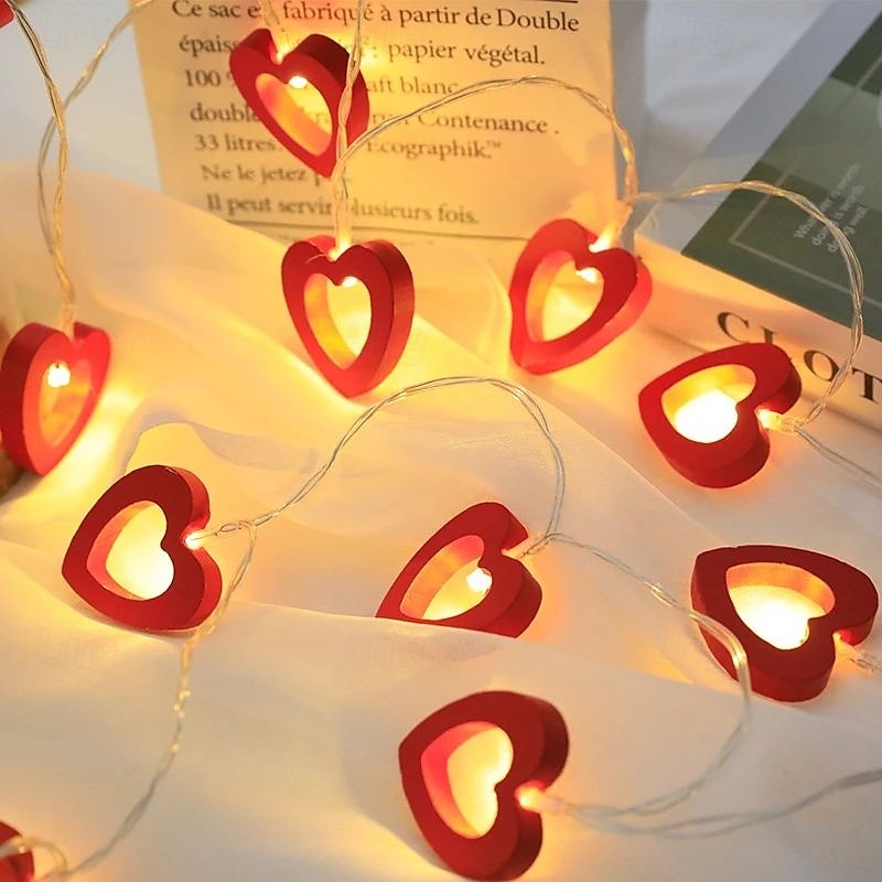 10/20LEDs Valentine's Day Wooden Heart String Lights LED Fairy Lights Hanging Wood Love Lamp Garland Valentine's Day Wedding decor 2025 - $12.99 –P2