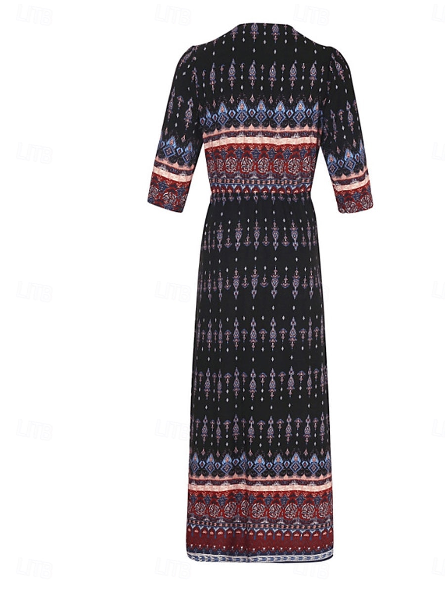 Women's Maxi Dress Casual Dress Boho Chic Dresses Boho Dress Bohemia Cute Stylish Vacation Daily Beach Loose Fit Graphic 3/4 Length Sleeve V Neck Black Wine Blue Summer Spring Fall 2025 - $31.99 –P6