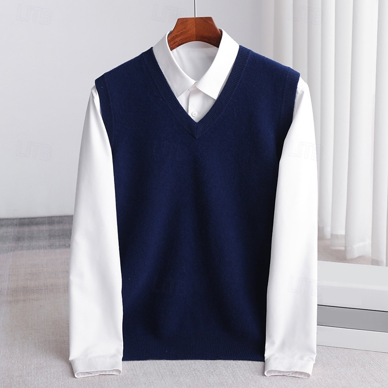 Voor heren Trui vest breien Effen Kleur V-hals Gebreid Elegant Buiten Huis Kleding Lente Herfst Rode Wijn Zwart S M L 2025 - $49.99 –P7