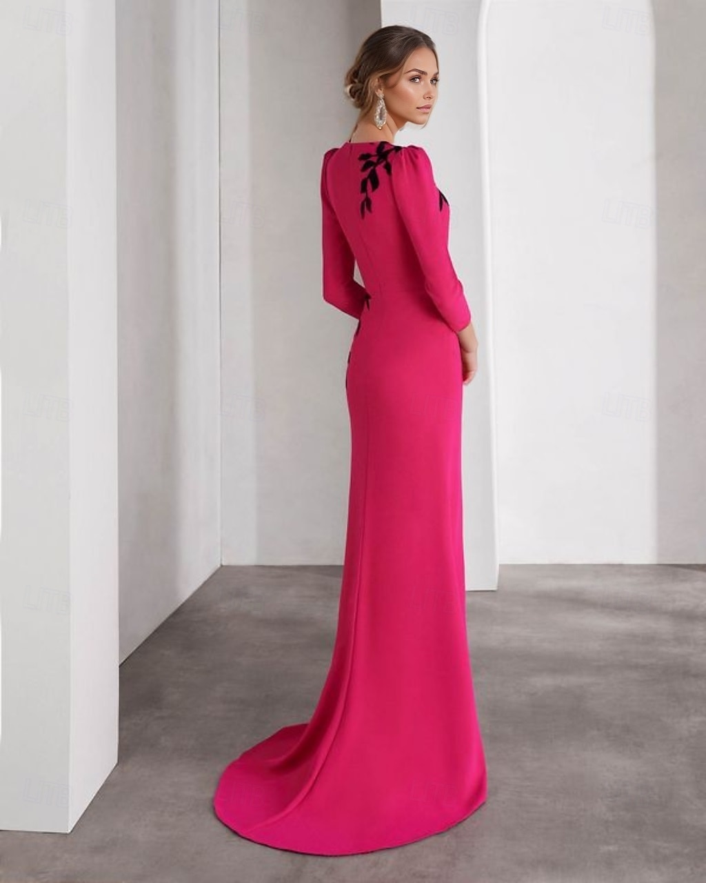 robe de soirée sirène / trompette robe élégante robe de mariée formelle longueur au sol manches 3/4 col bijou crêpe extensible avec appliques de broderie 2025 de 2025 ? $175.99 –P2