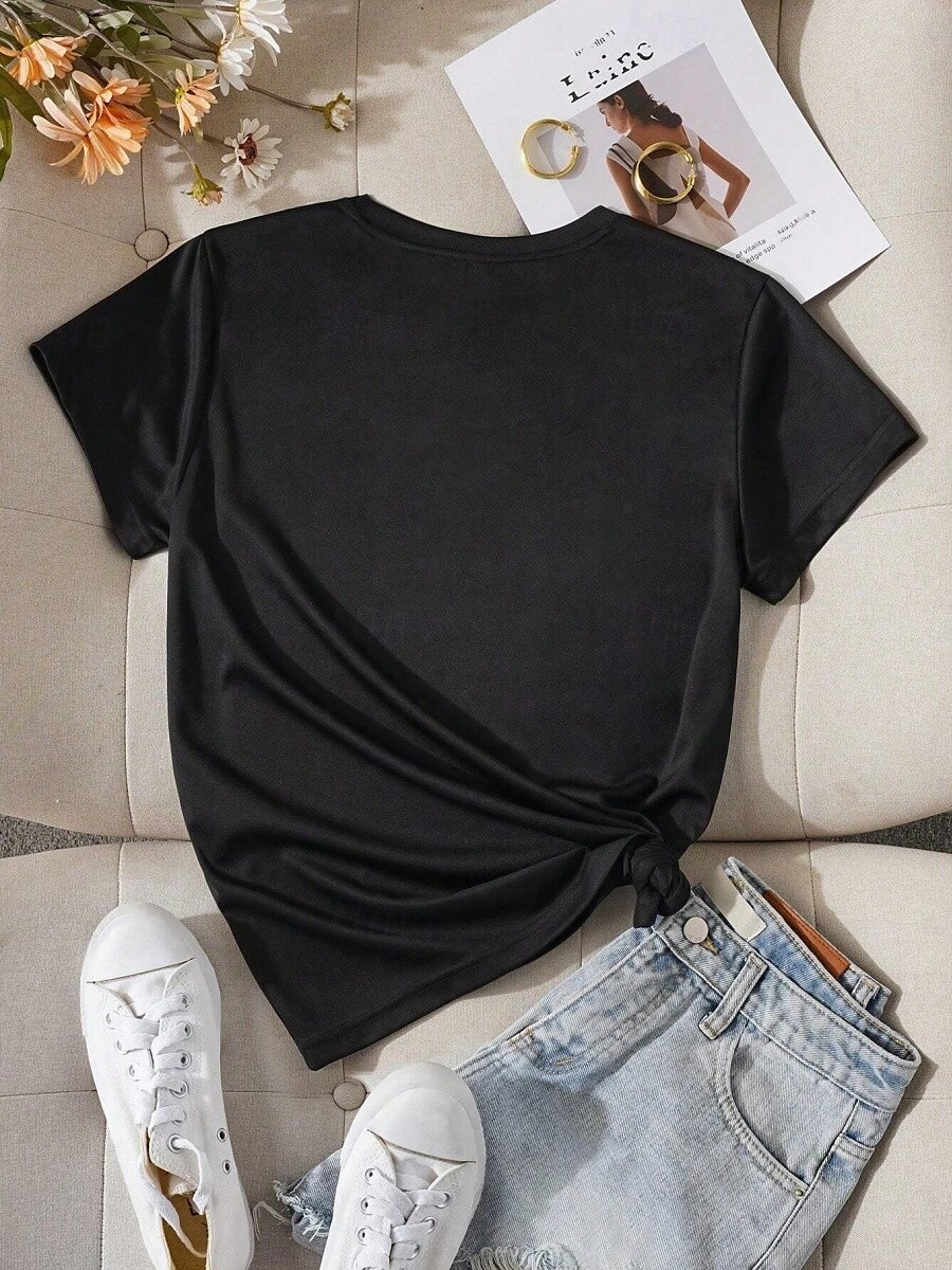 Femme T shirt Floral Décontractées Manche Courte Col Rond Hauts réguliers du quotidien Imprimer Noir Eté de 2025 ? $19.99 –P2