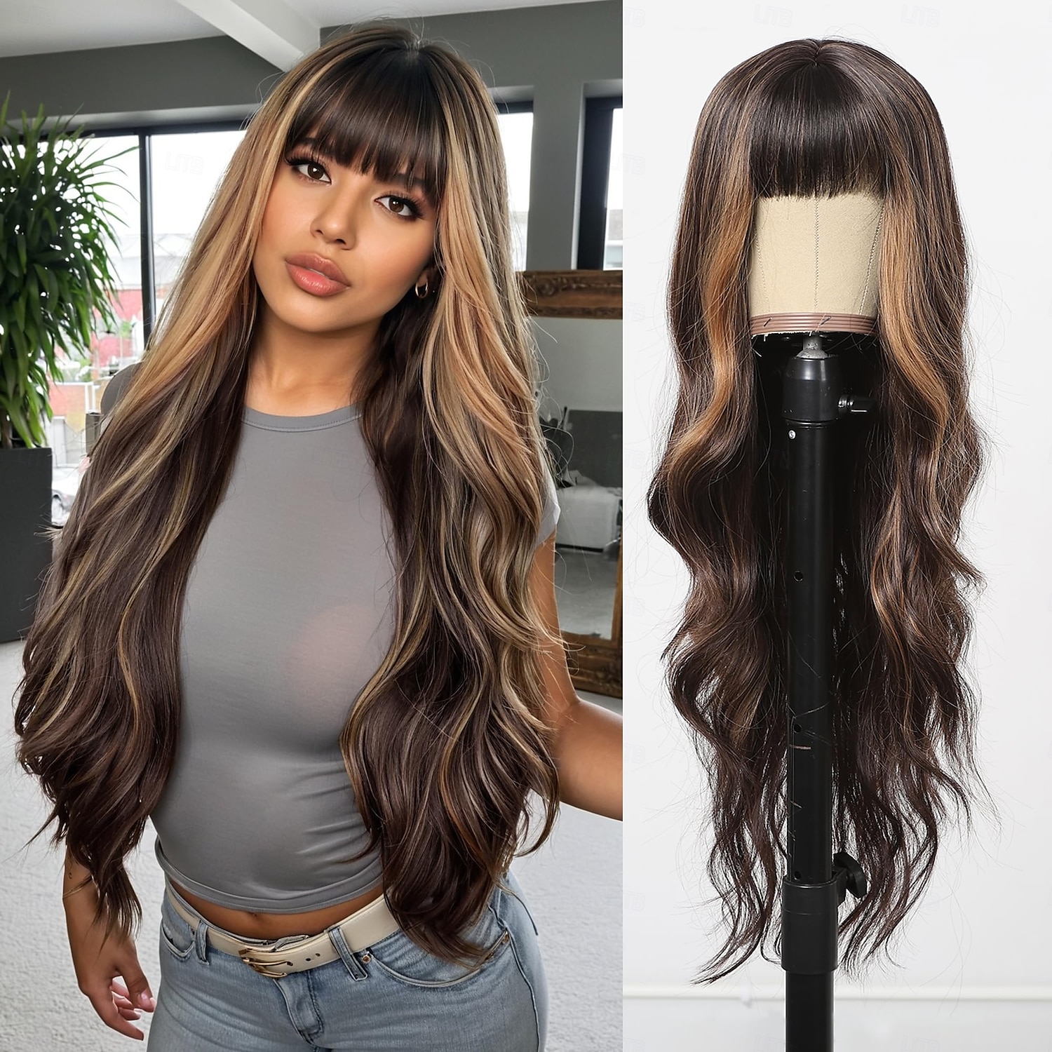 parrucche per donne parrucche lunghe e ondulate con frangia spessa capelli ricci onde sintetiche fibra resistente al calore uso quotidiano per feste del 2025 a $19.99 –P1